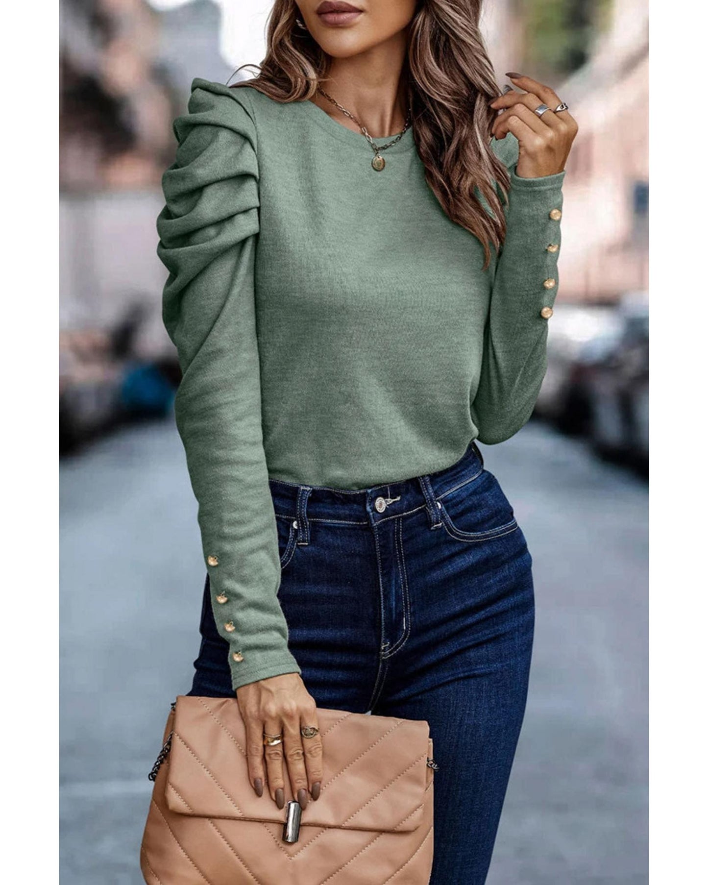 Azura Exchange Buttoned Puff Long Sleeve Sheath Top - M