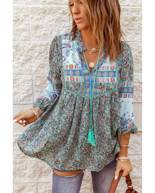 Azura Exchange Bubble Sleeve Floral Patchwork Blouse - S