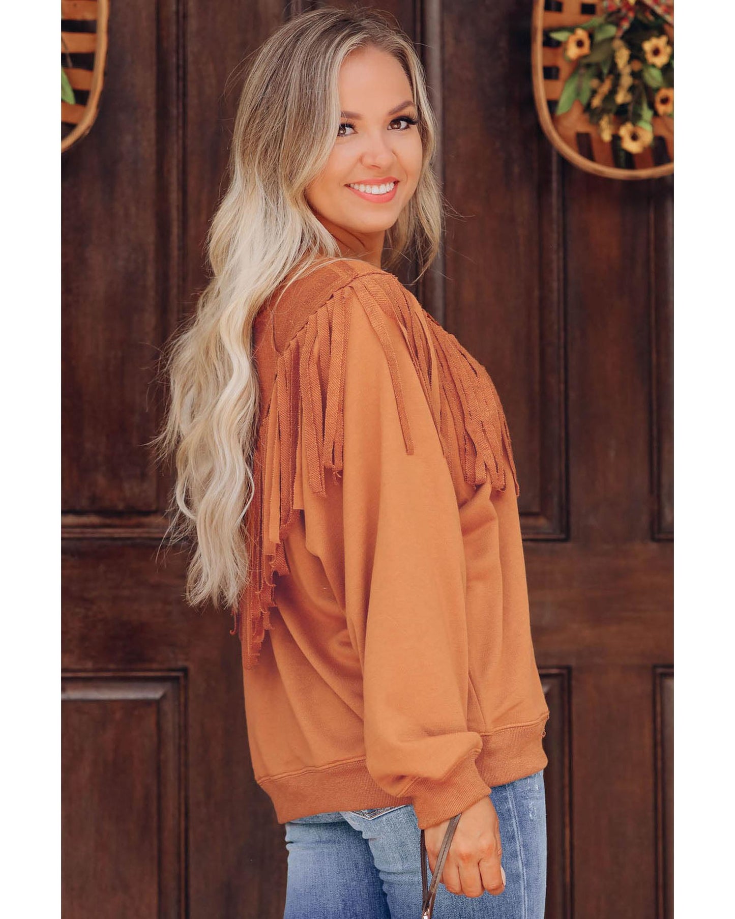 Azura Exchange Brown Chevron Fringe Loose Pullover Sweatshirt - M