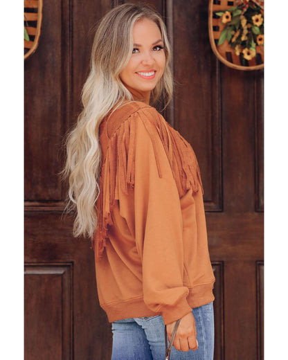 Azura Exchange Brown Chevron Fringe Loose Pullover Sweatshirt - M