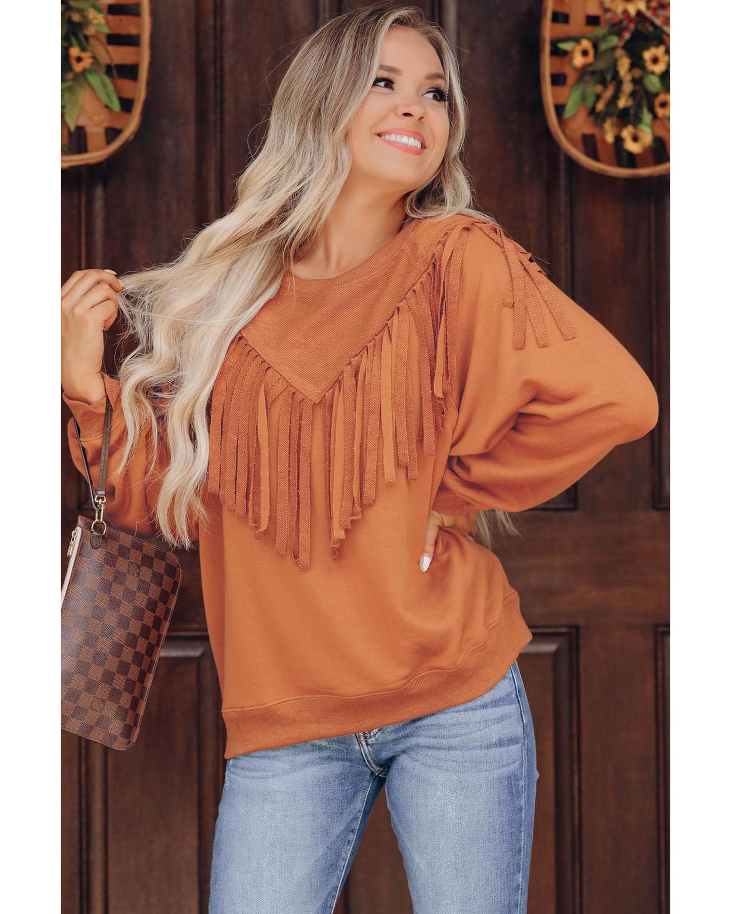 Azura Exchange Brown Chevron Fringe Loose Pullover Sweatshirt - M