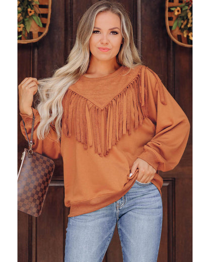 Azura Exchange Brown Chevron Fringe Loose Pullover Sweatshirt - M