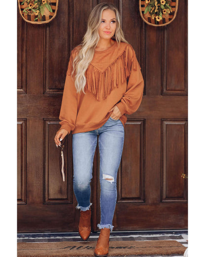 Azura Exchange Brown Chevron Fringe Loose Pullover Sweatshirt - M