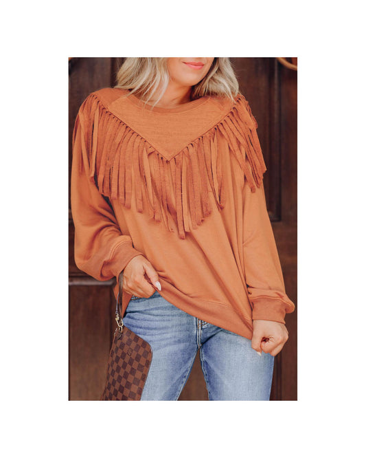 Azura Exchange Brown Chevron Fringe Loose Pullover Sweatshirt - S