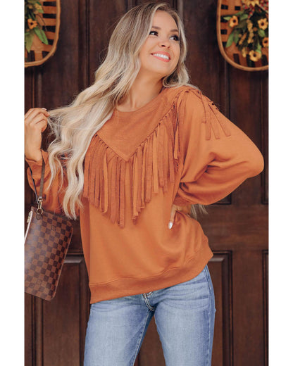 Azura Exchange Brown Chevron Fringe Loose Pullover Sweatshirt - S