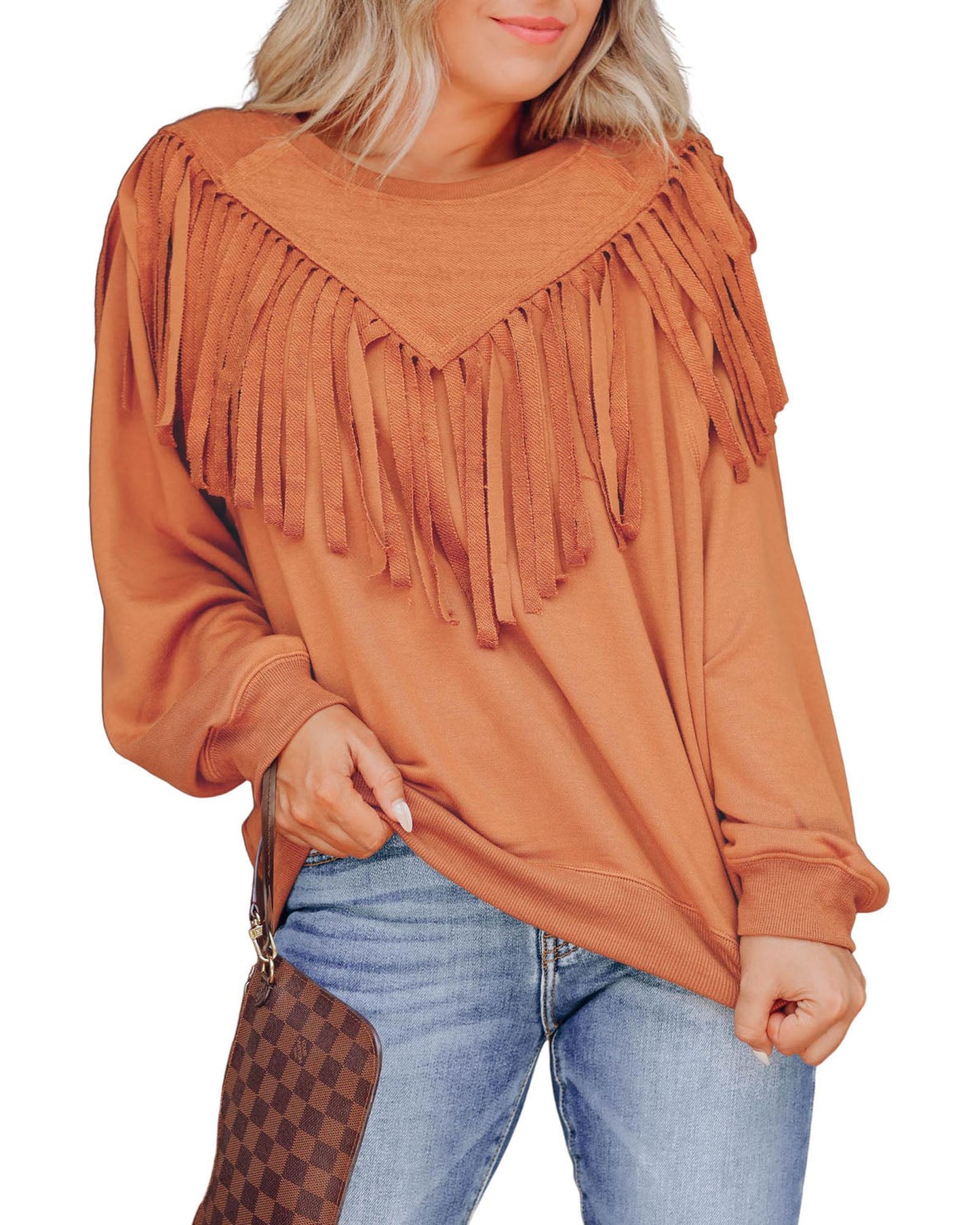 Azura Exchange Brown Chevron Fringe Loose Pullover Sweatshirt - S