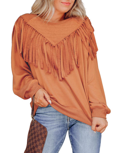 Azura Exchange Brown Chevron Fringe Loose Pullover Sweatshirt - S